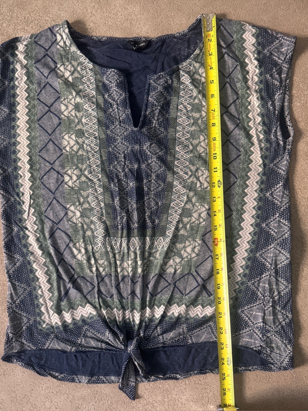 Lucky Brand Blue Green Boho Tie Front Top Large Tribal Print Short Sleeve - Picture 7 of 9